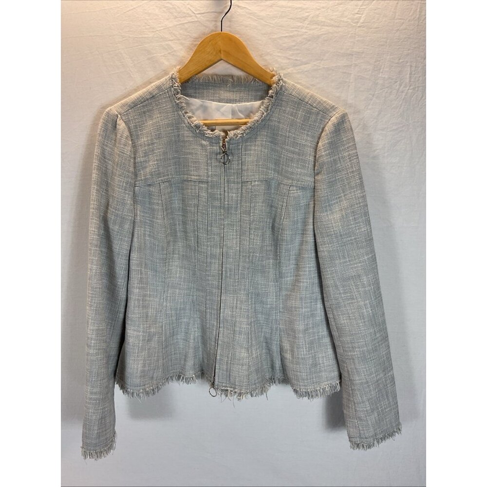 Rebecca Taylor Blazer Jacket 10 Tweed Fringe Full Zip‎ Blue Gray Preppy Career